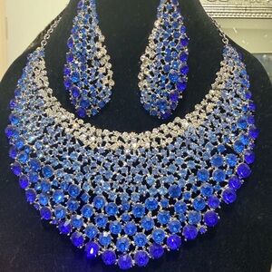 Pakistani Indian Desi Blue Crystal Statement Necklace & Earring Set